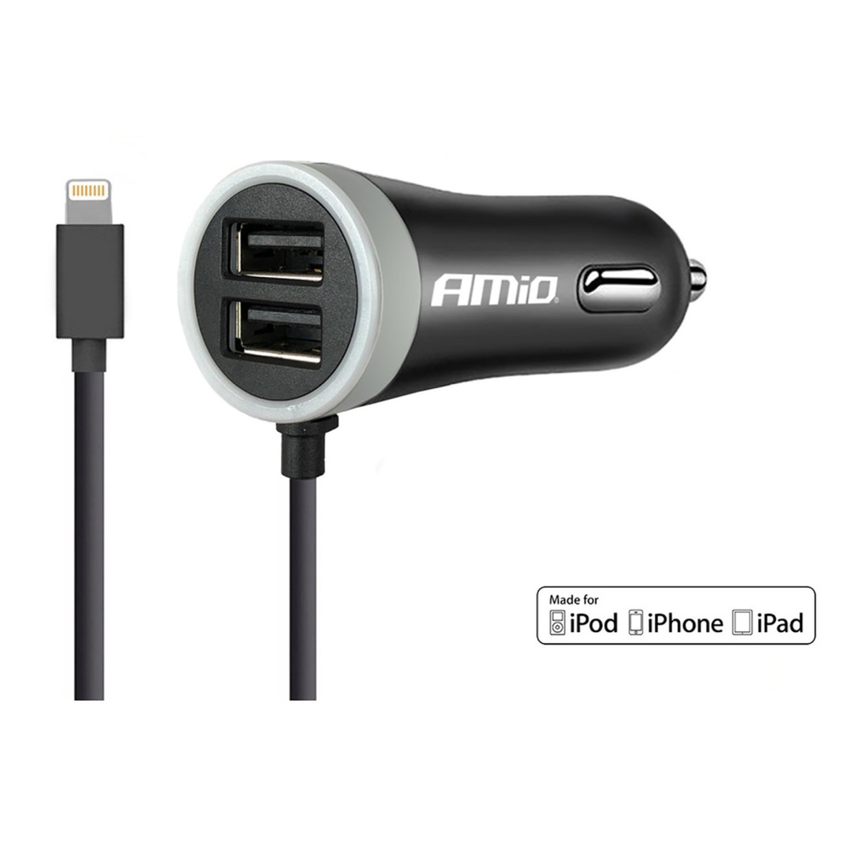 ΦΟΡΤΙΣΤΗΣ ΑΝΑΠΤΗΡΑ 12V 2,4A ΜΕ 2 ΘΥΡΕΣ USB   1 LIGHTNING USB ΜΕ ΚΑΛΩΔΙΟ AMiO – 1 ΤΕΜ.