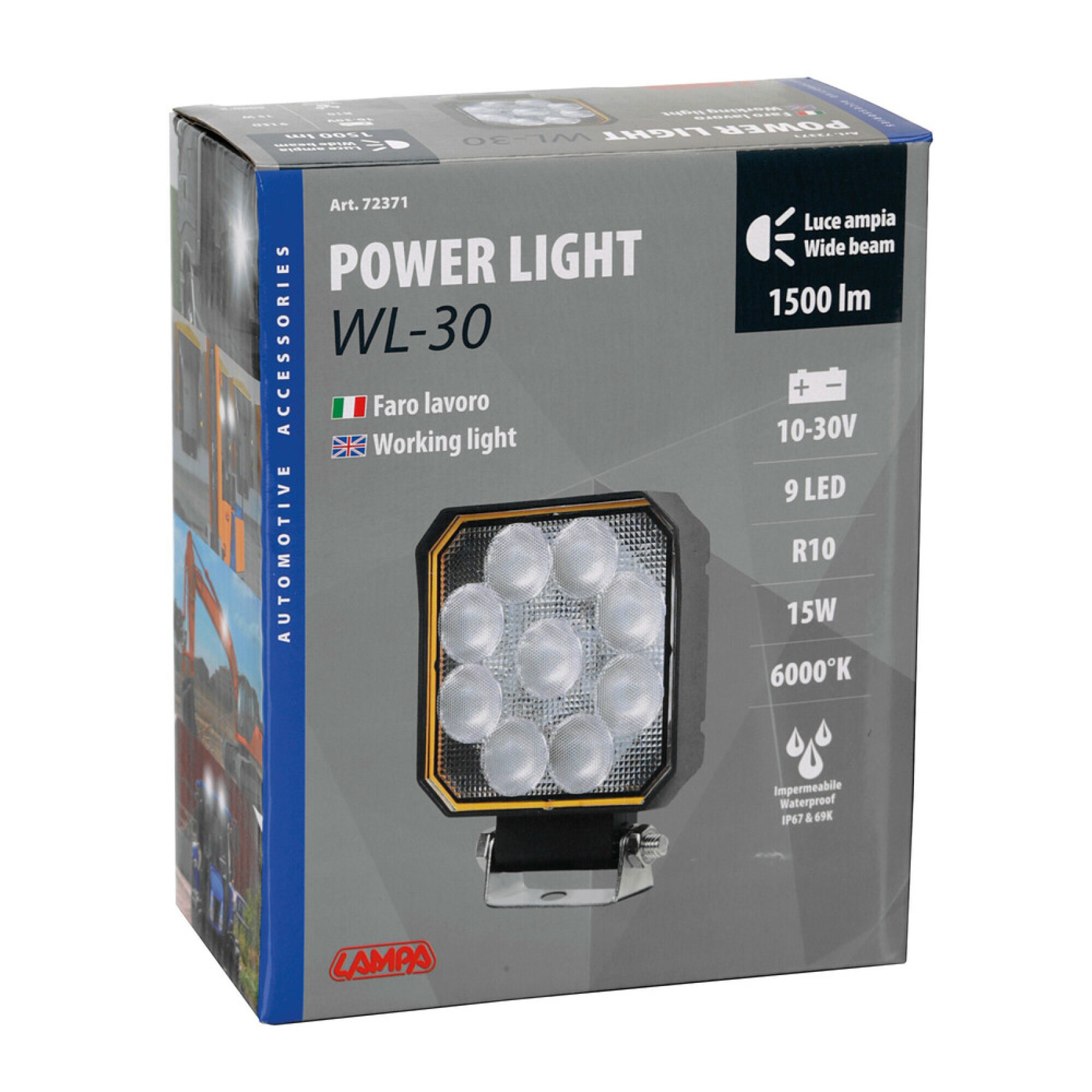 προβολεας εργασιας wl-30 10/30v 15w 1500lm 6.000k 9led combo (διαθλασησ) τετραγωνος 130x110mm lampa - 1 τεμ.