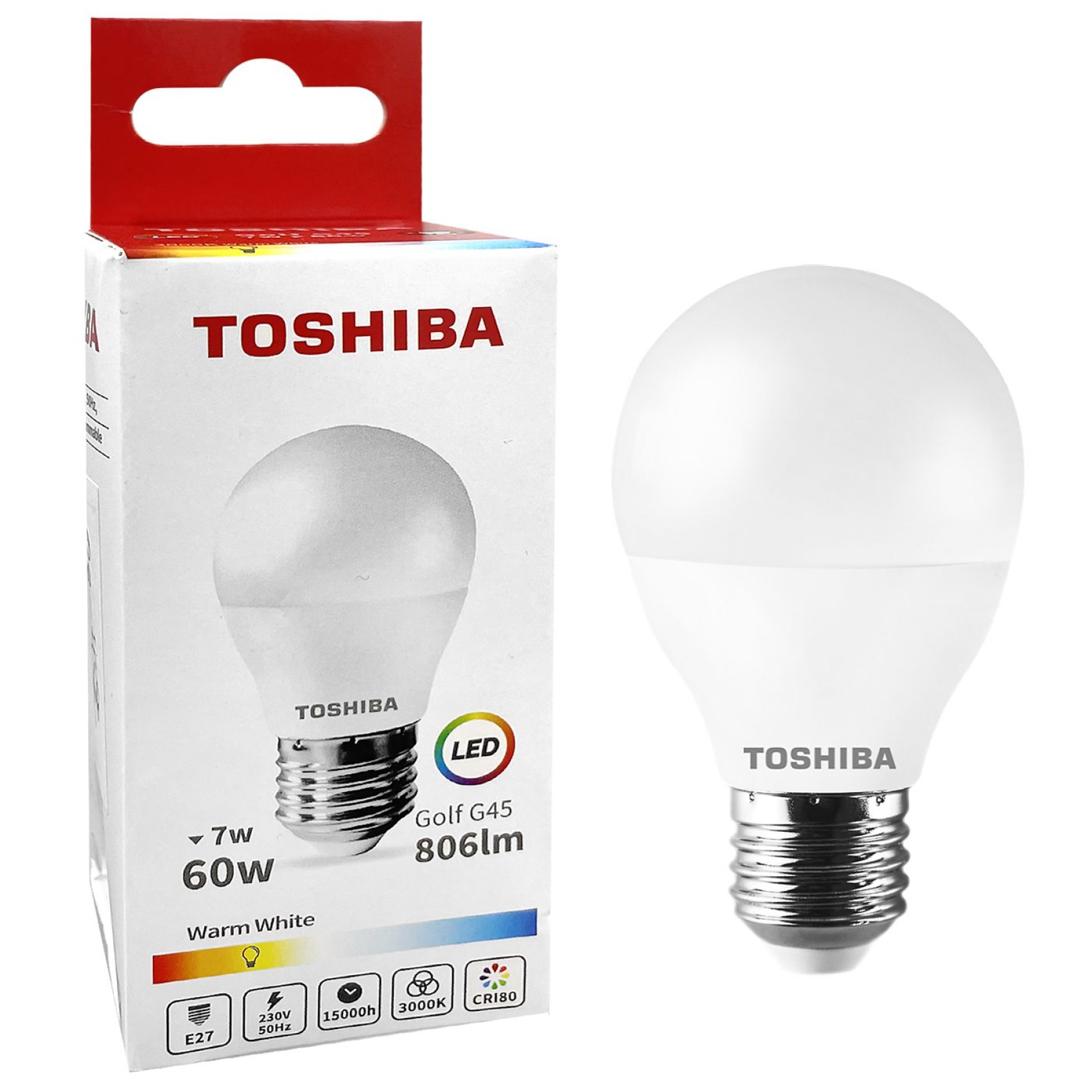 λαμπα led toshiba  για ντουι e27 θερμο λευκο 230v n_std g45 e27 7w 3000k γωνια δεσμης 180 μοιρες  toshiba 00168858