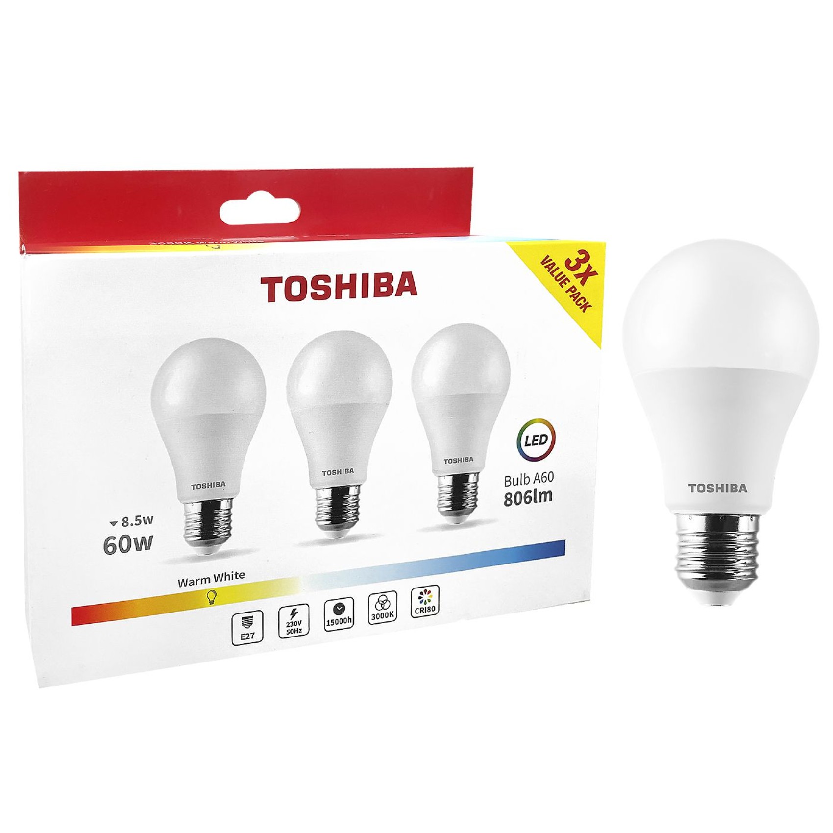 λαμπες led toshiba σετ=3 τεμ n_3pack a60 e27 8,5w 3000k  toshiba 00168871